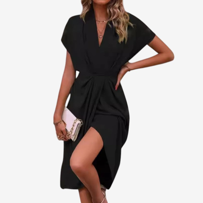 Women's Elegant Midi Dress with V-Neck and Twisted Waist
