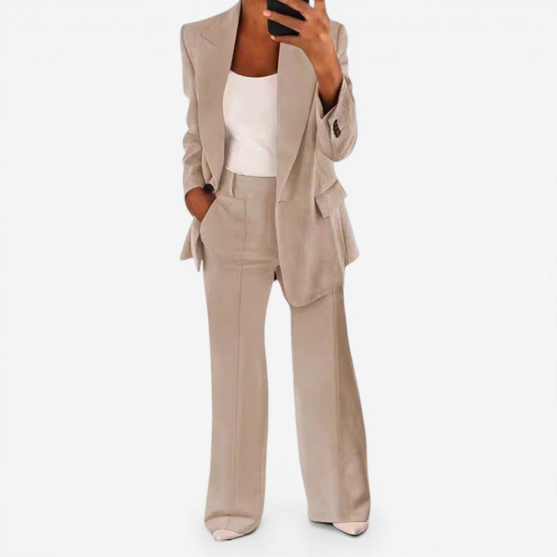 Women Blazer & Tailored Trousers Set One Button Closure
