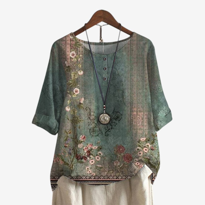 Women's Oversized Printed Blouse with O Neck