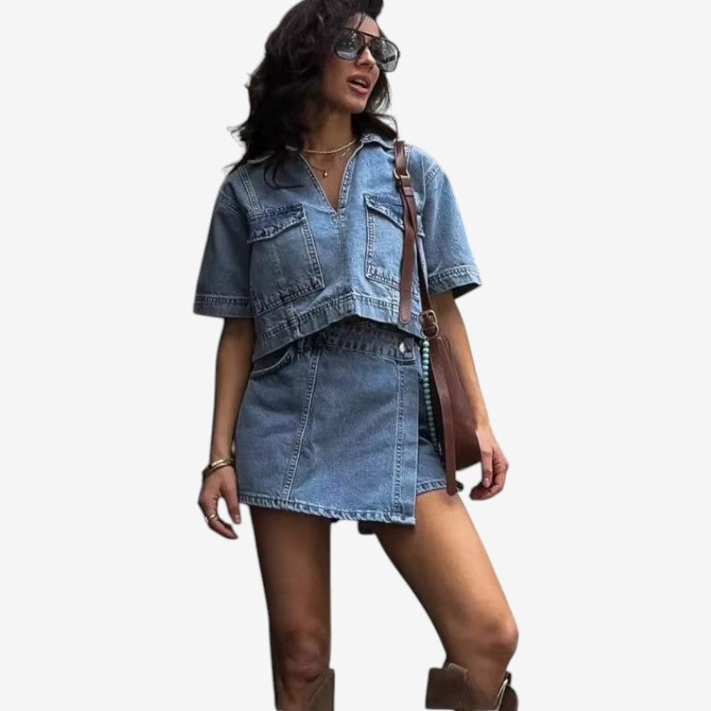 Women's V-Neck Cropped Outfit Set with Asymmetrical Shorts