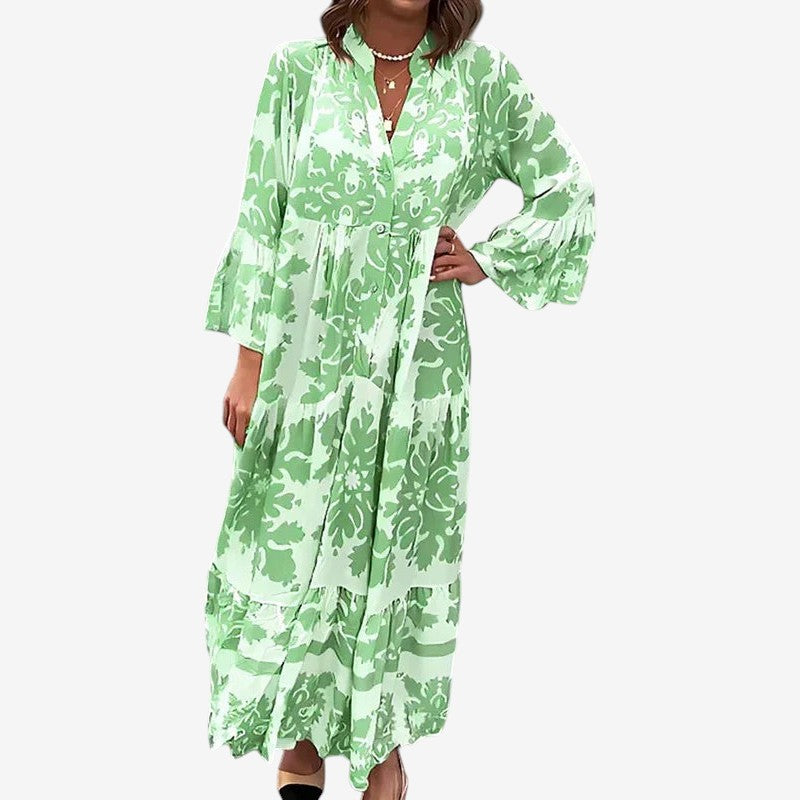 Women's Printed Midi Dress with V Neck and Long Sleeves