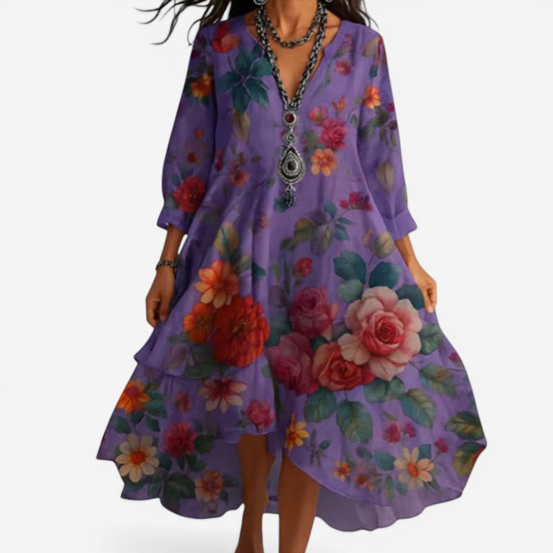 Amelia – Long Sleeved V Neck Floral Print Dress with Loose Fit