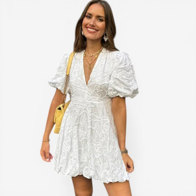 Women’s mini V-neck short sleeve embroidered dress