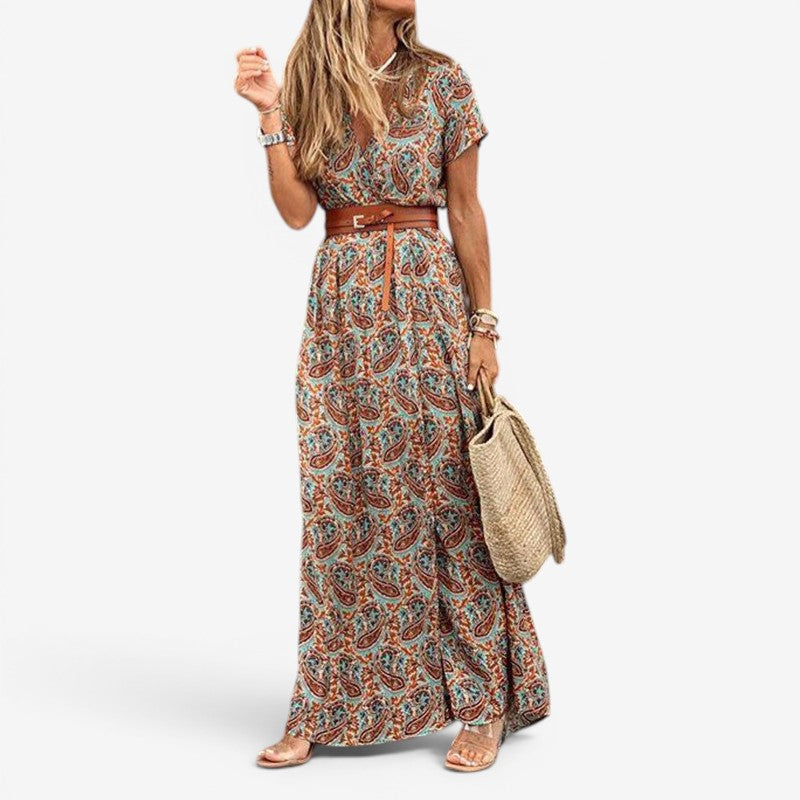 Women's Floral Print Maxi Dress with Belt Waist