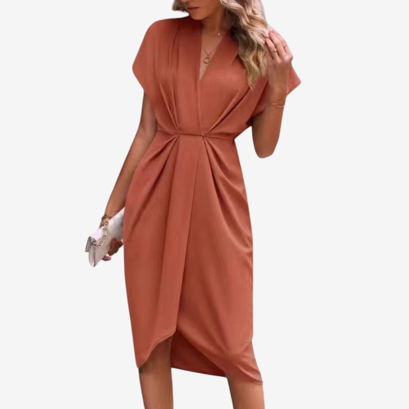Women's Elegant Midi Dress with V-Neck and Twisted Waist