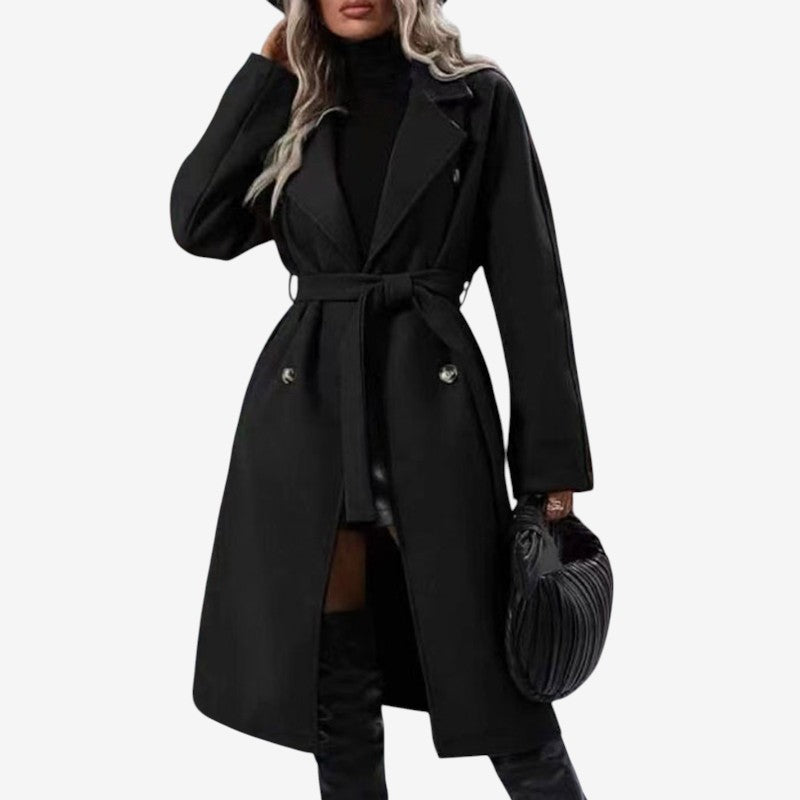 Women’s Belted Long Coat with Lapel Collar