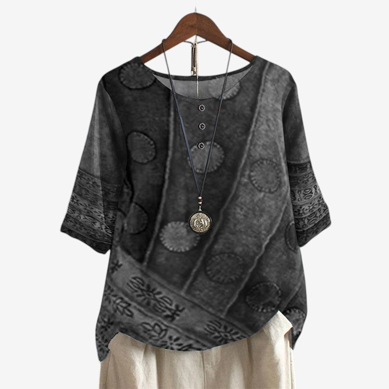 Women's Oversized Printed Blouse with O Neck