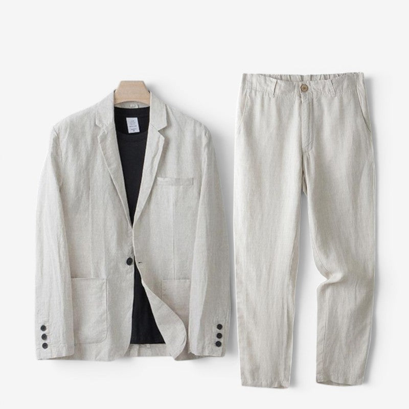 Men's Linen Blazer and Wide Leg Pants Ensemble