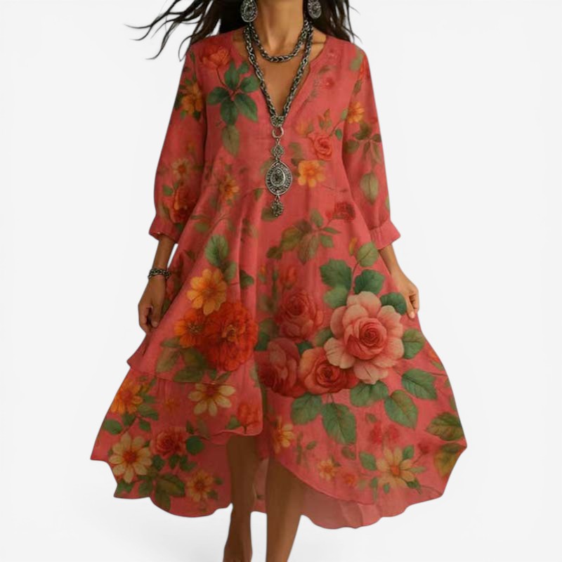 Amelia – Long Sleeved V Neck Floral Print Dress with Loose Fit