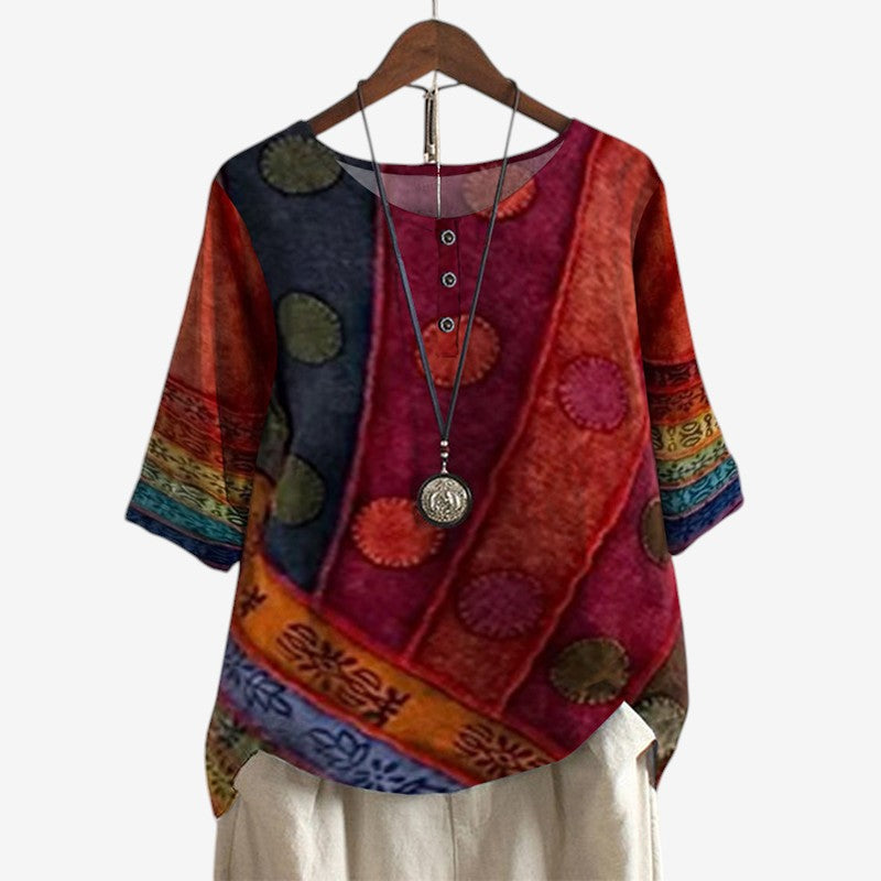 Women's Oversized Printed Blouse with O Neck