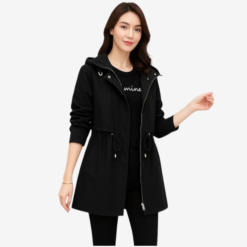 Elara – Hooded Trench Coat with Long Sleeve and Zip Closure