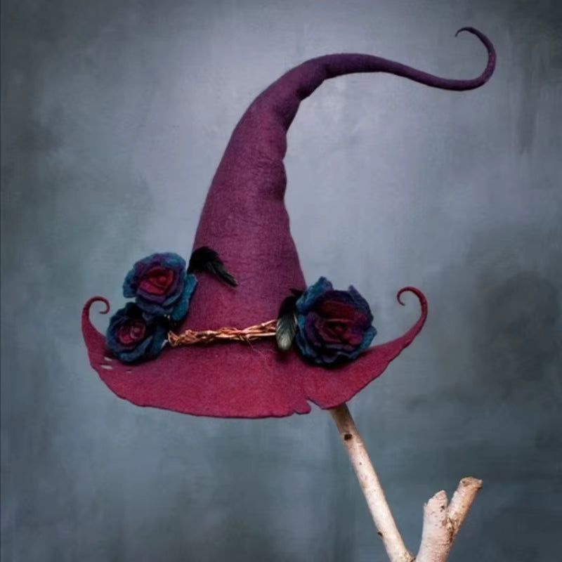Floral Embellished Handmade Felt Witch Hat