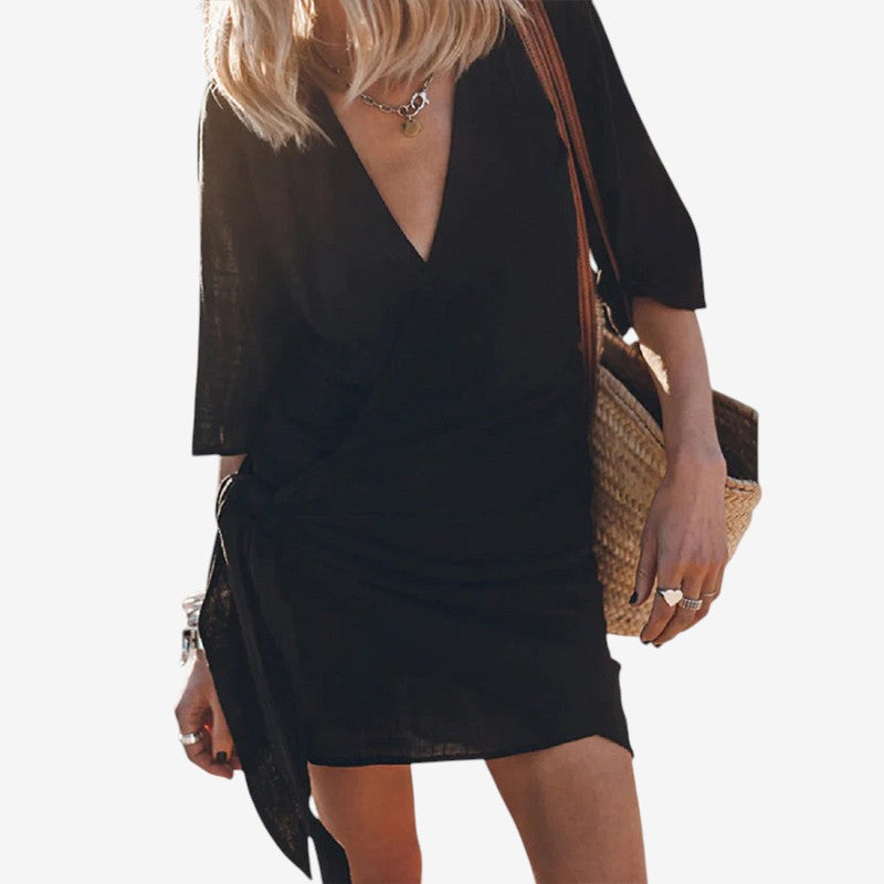 Women Mini Dress V-Neck Wrap Front