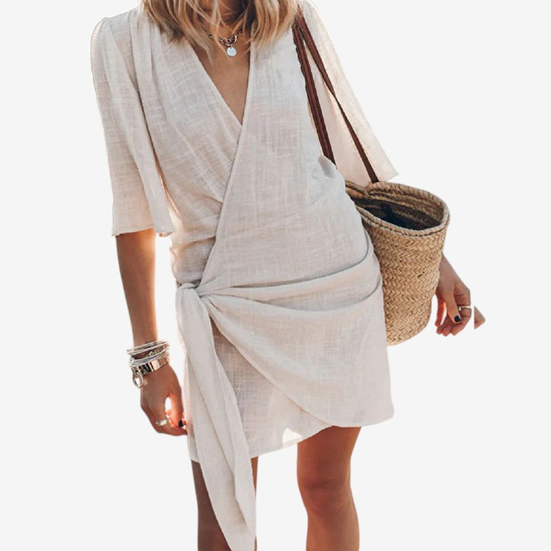 Women Mini Dress V-Neck Wrap Front