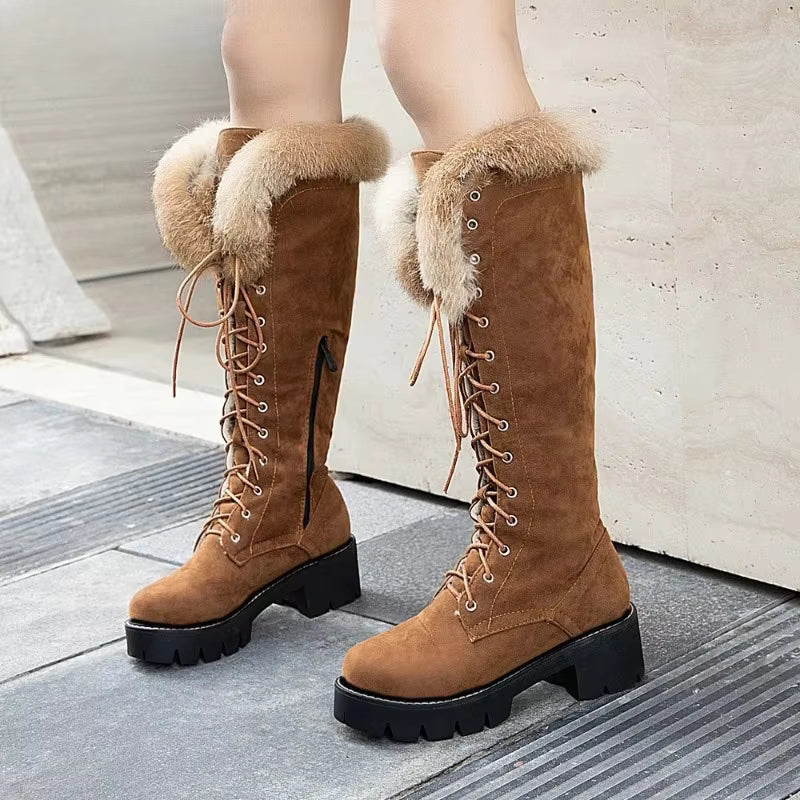 Furlace - Lace-Up High Boots with Foldable Fur Collar