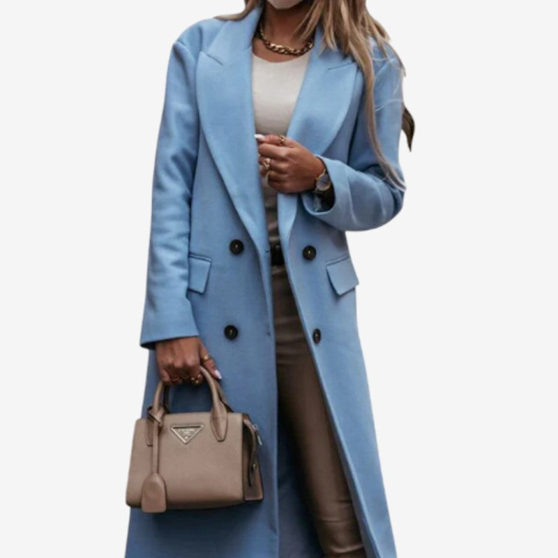 Rebecca – Lange jas met reverskraagknoopmouwen en zakken Velani