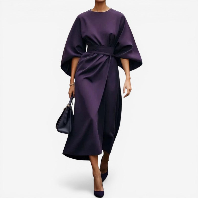 Women Belted Midi Dress with Lantern Sleeves