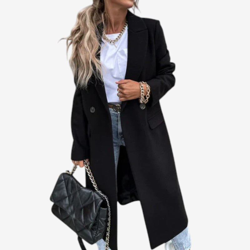 Rebecca – Lange jas met reverskraagknoopmouwen en zakken Velani