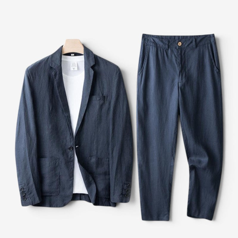 Men's Linen Blazer and Wide Leg Pants Ensemble