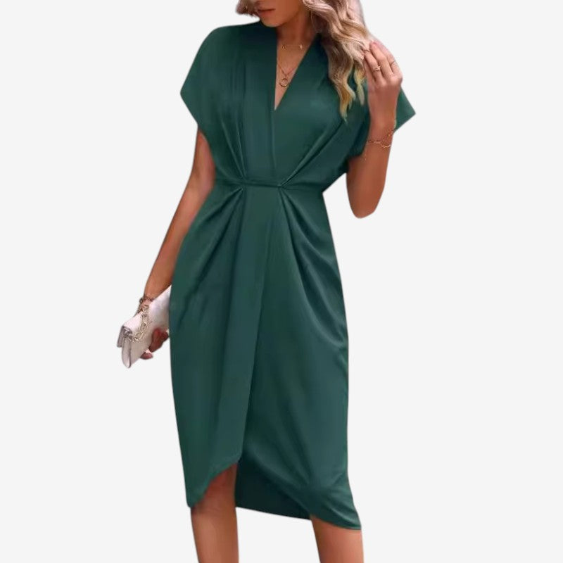 Women's Elegant Midi Dress with V-Neck and Twisted Waist