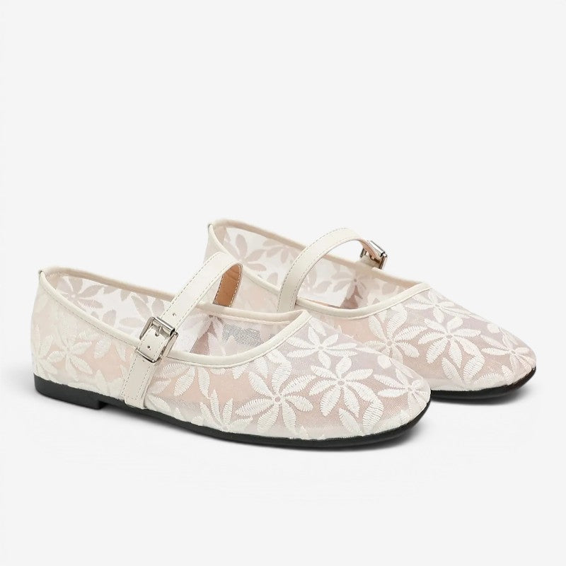 Square-Toed Ballerina Flats with Floral Embroidery