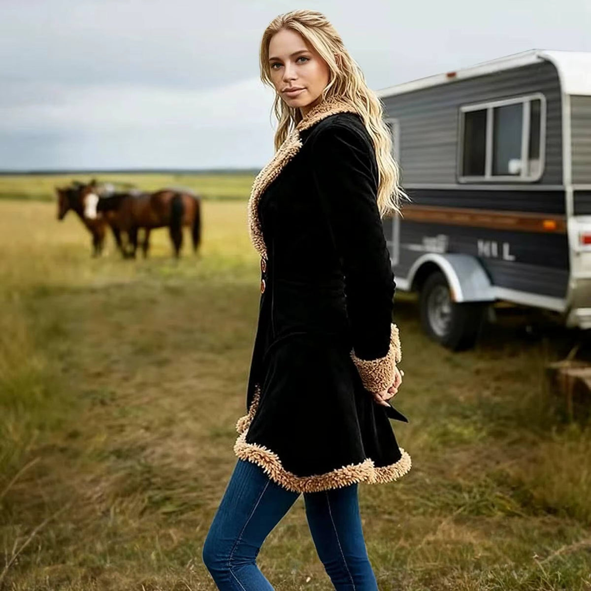 Edging - Women's Short Coat with Notched Collar and Two-Button Closure