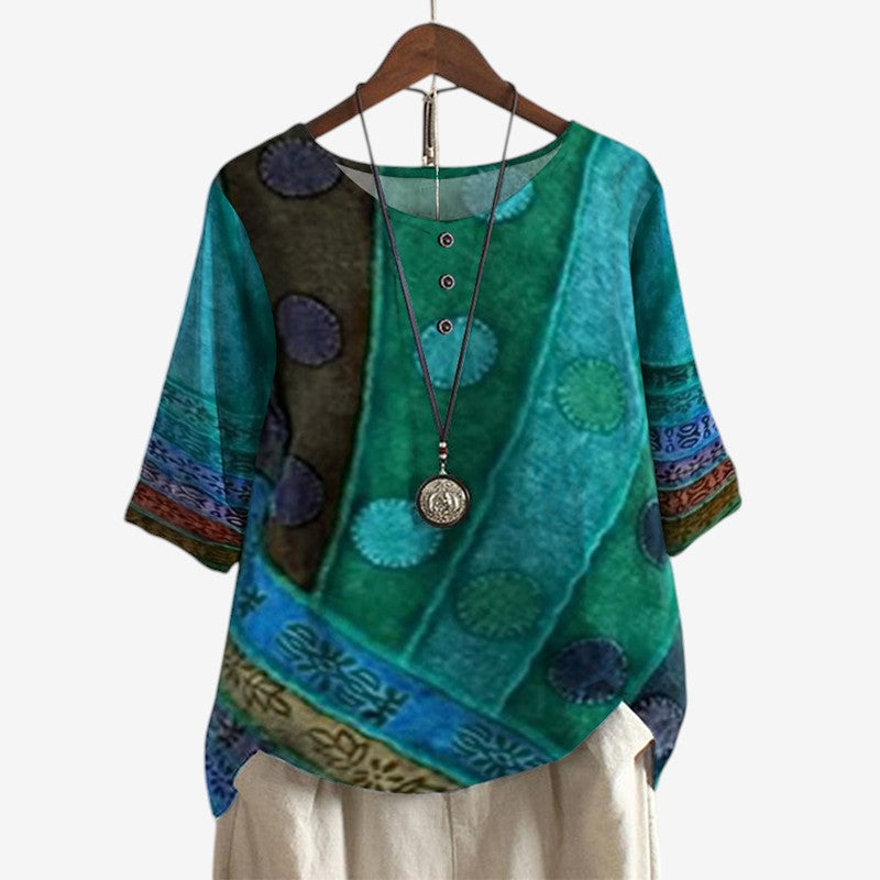 Women's Oversized Printed Blouse with O Neck
