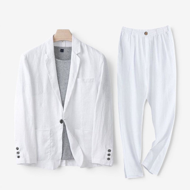 Men's Linen Blazer and Wide Leg Pants Ensemble