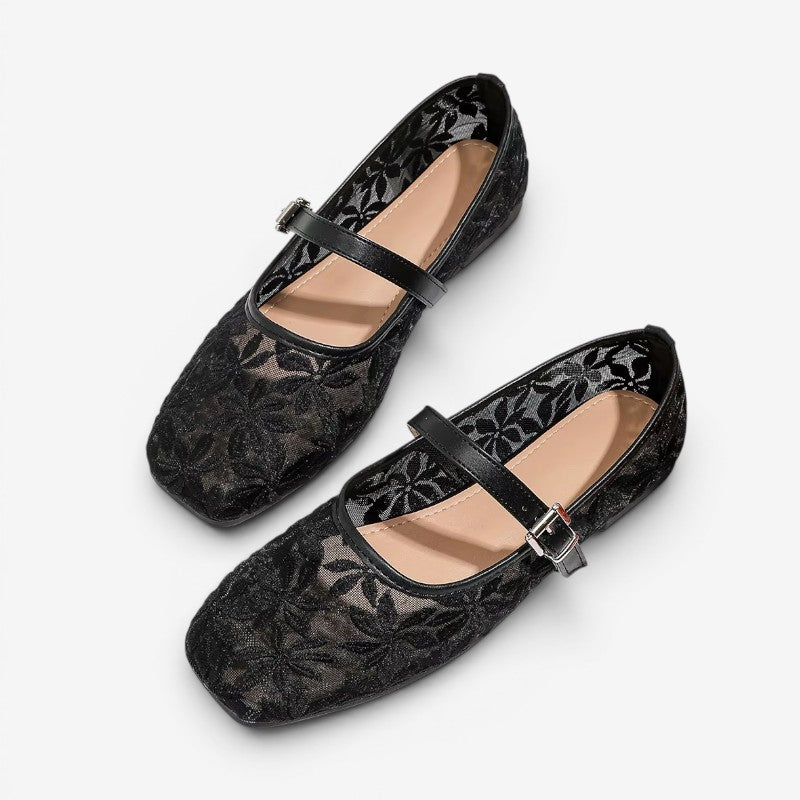 Square-Toed Ballerina Flats with Floral Embroidery