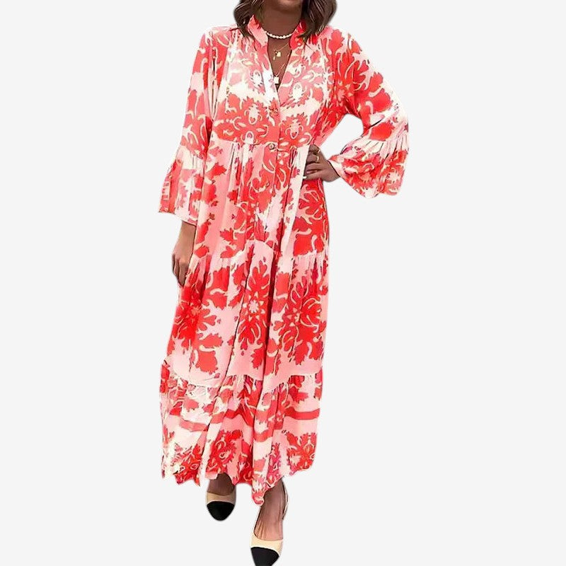 Women's Printed Midi Dress with V Neck and Long Sleeves