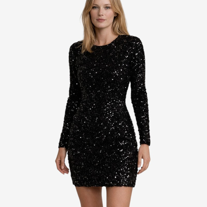 Women's Round Neck Mini Dress With Long Sleeve