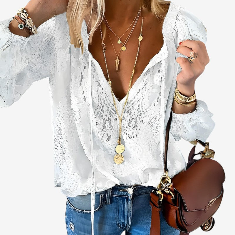 Women's Long Sleeve Bohemian Lace Blouse V-Neck