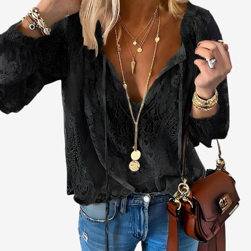 Women's Long Sleeve Bohemian Lace Blouse V-Neck