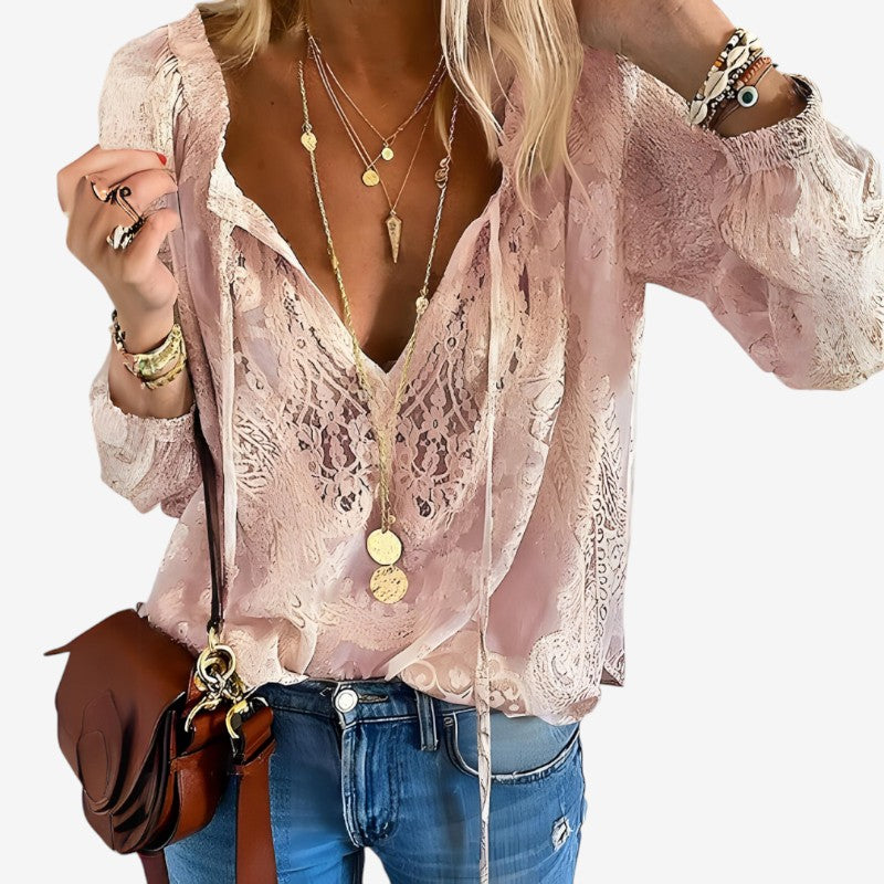 Women's Long Sleeve Bohemian Lace Blouse V-Neck