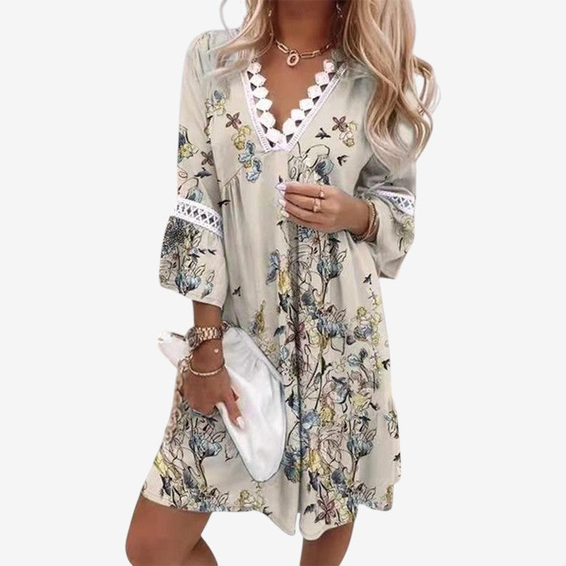 Women's Floral Print Mini Dress with V Neck