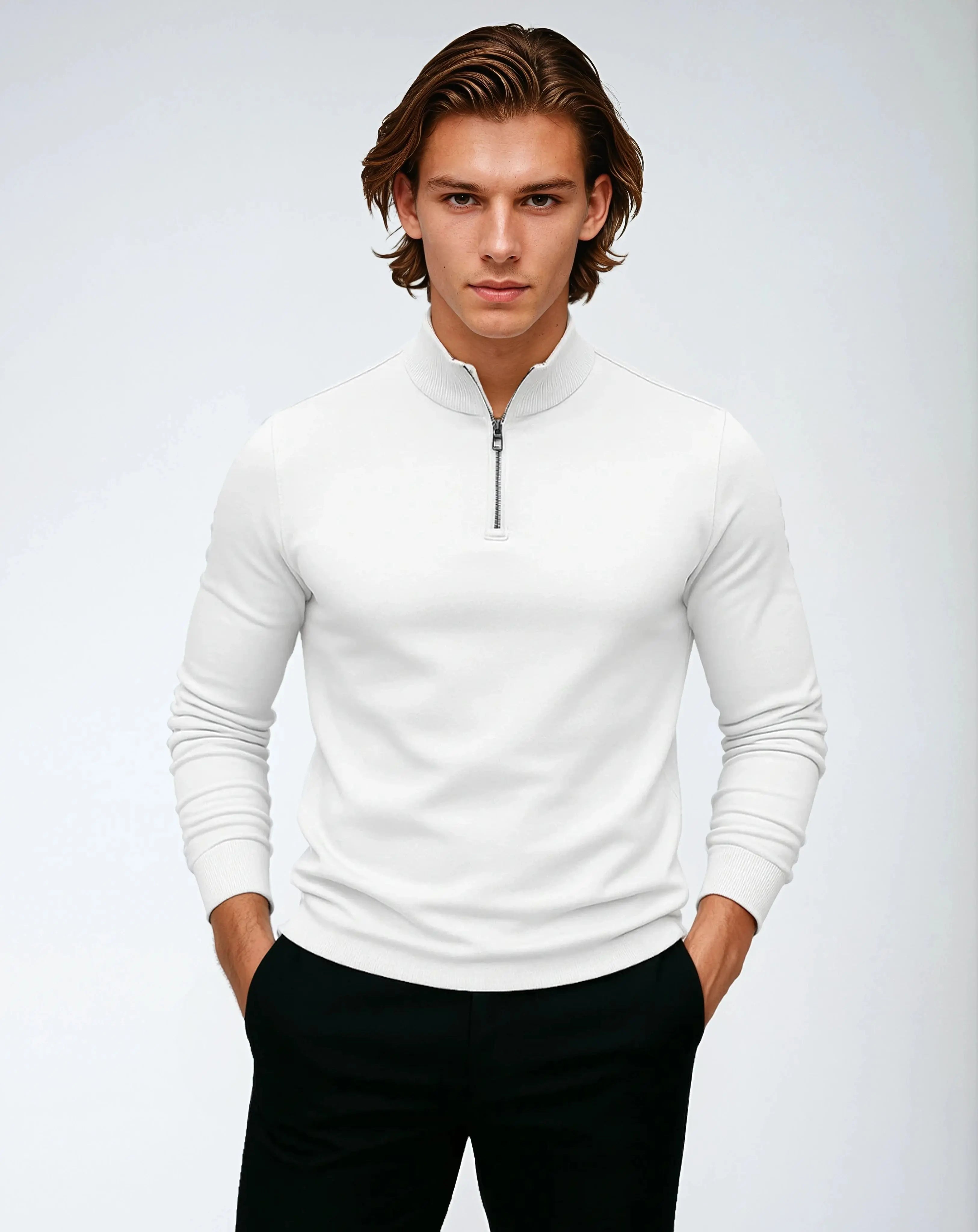 Polyester Sweater Met Rits En Lage Kraag-Sweaters-Velani-Velani