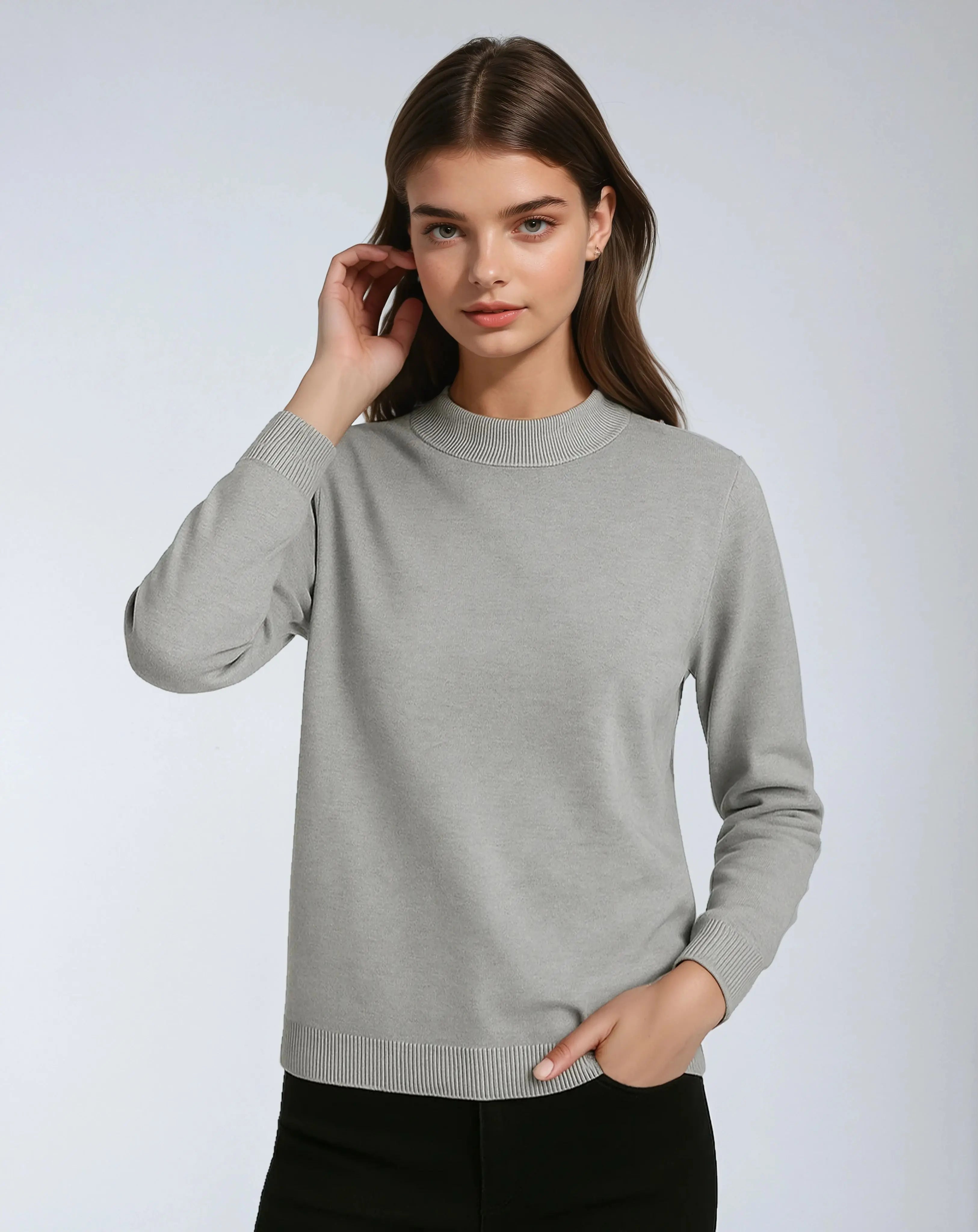 Gebreide Wolmix Trui Met Ronde Hals en Lange Mouwen-Sweaters-Velani-Velani