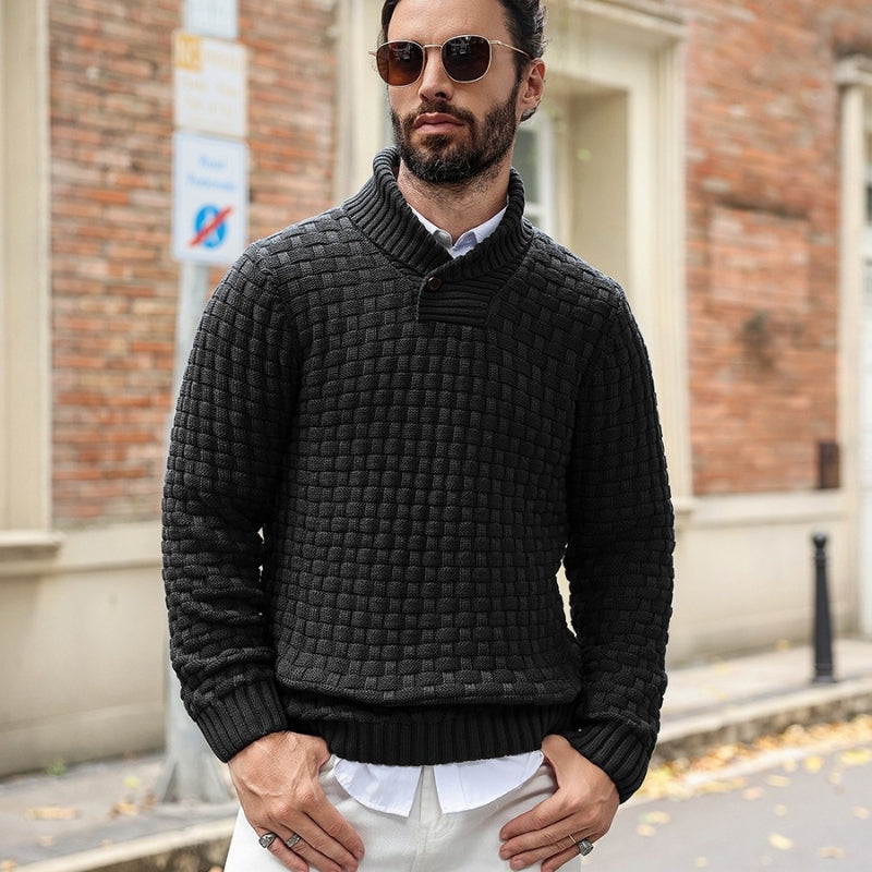 Liam – Long Sleeve Sweater with Stand Collar and Button Closure