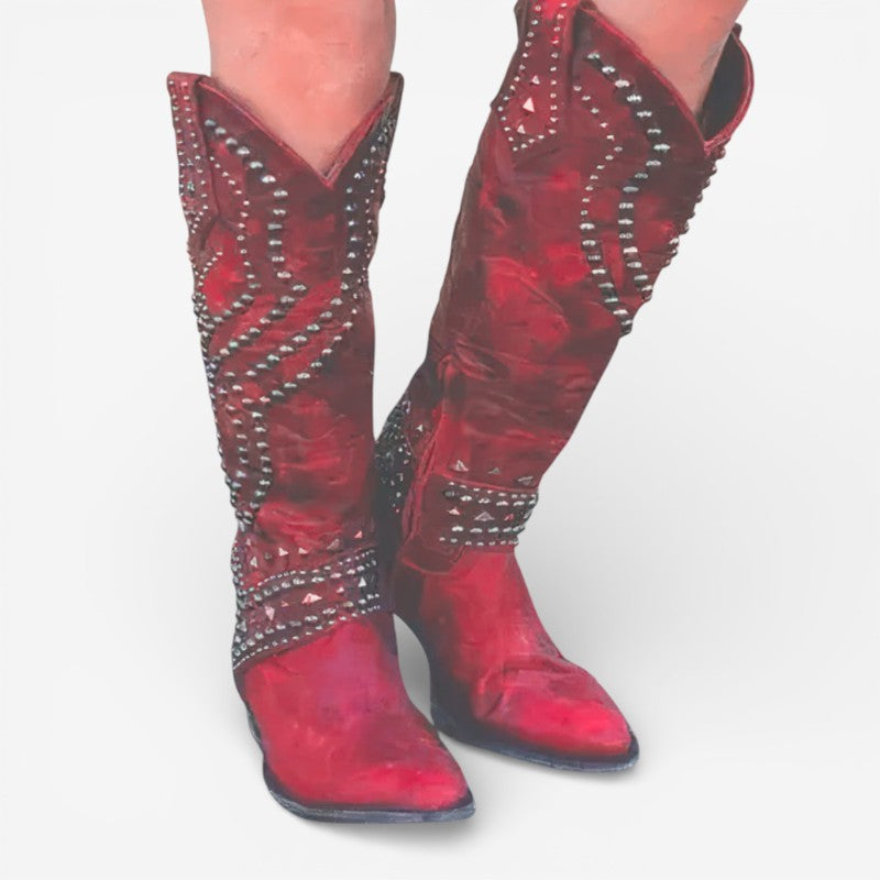 Maya – Knee High Pointed Toe Boots with Decorative Pearls