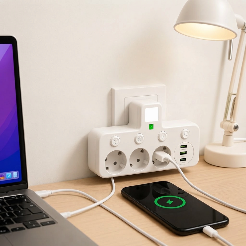 PortSync - 3-Socket Power Strip with USB and Type-C Charging Ports