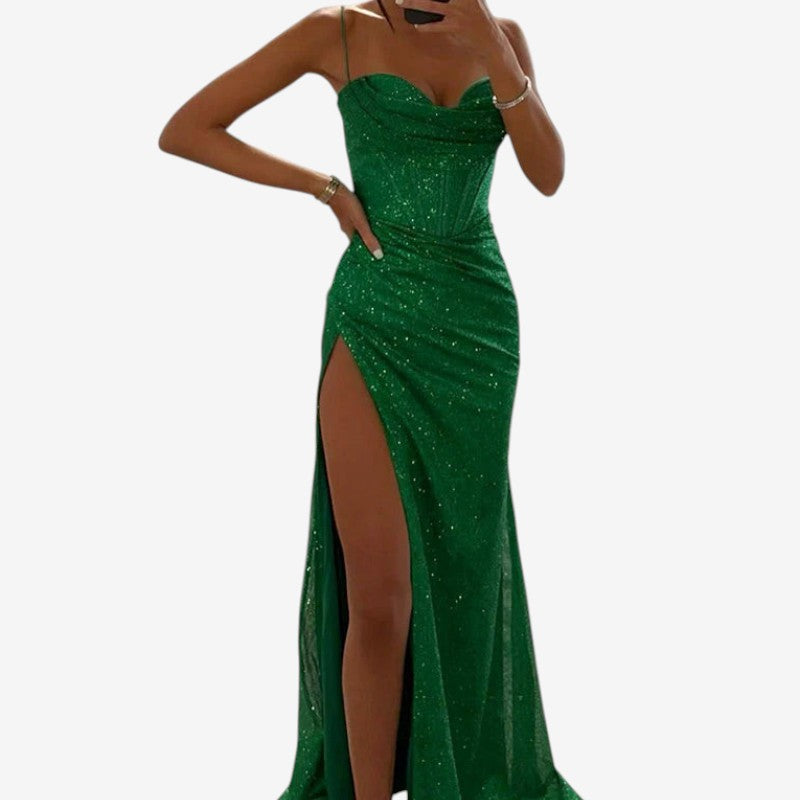 Kathy – Lange mouwloze jurk met pailletten en hoge splitten Velani
