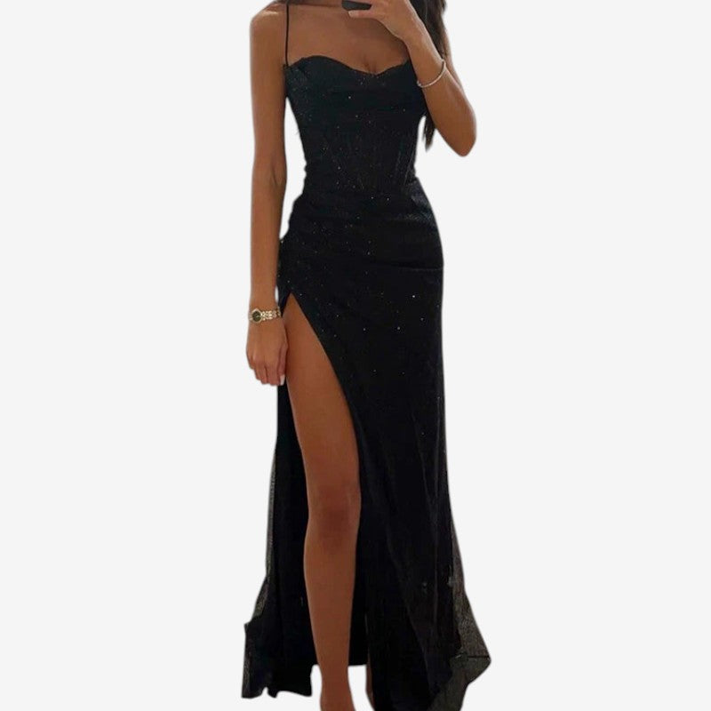 Kathy – Lange mouwloze jurk met pailletten en hoge splitten Velani