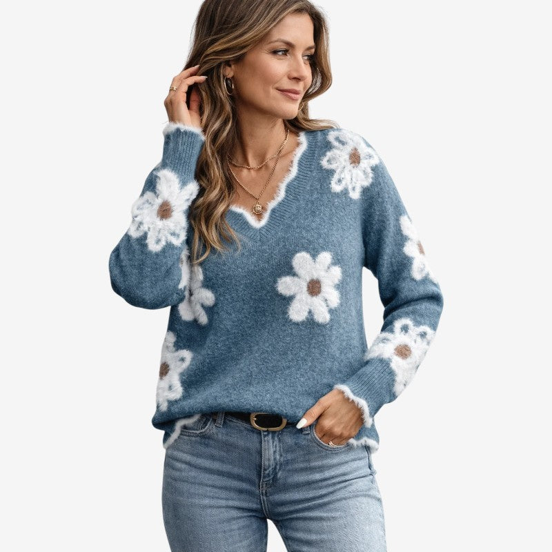 Women's V Neck Floral Embroidered Knit Sweater