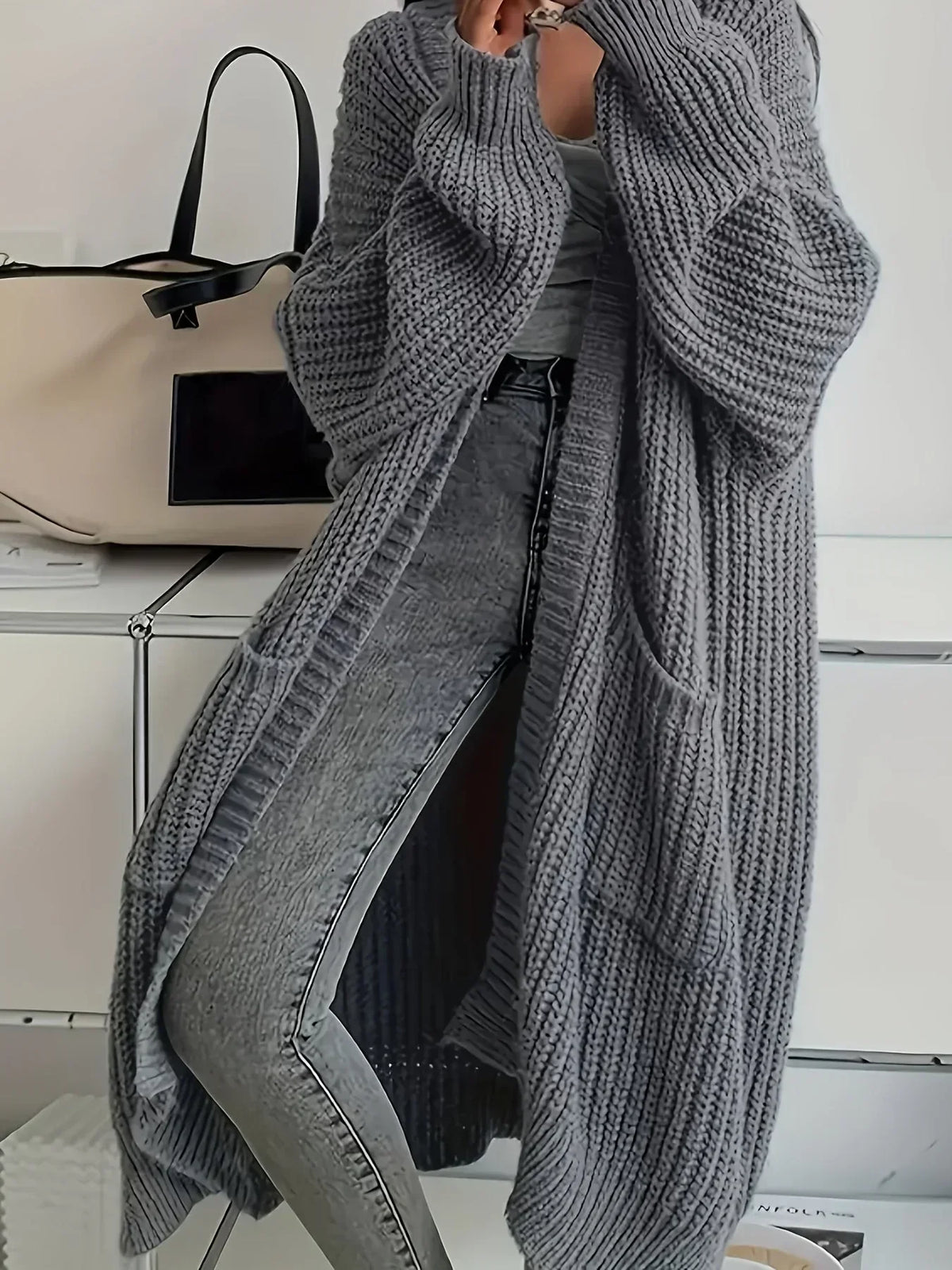 Yarn - Women's Long Cable Knit Cardigan with Round Neck