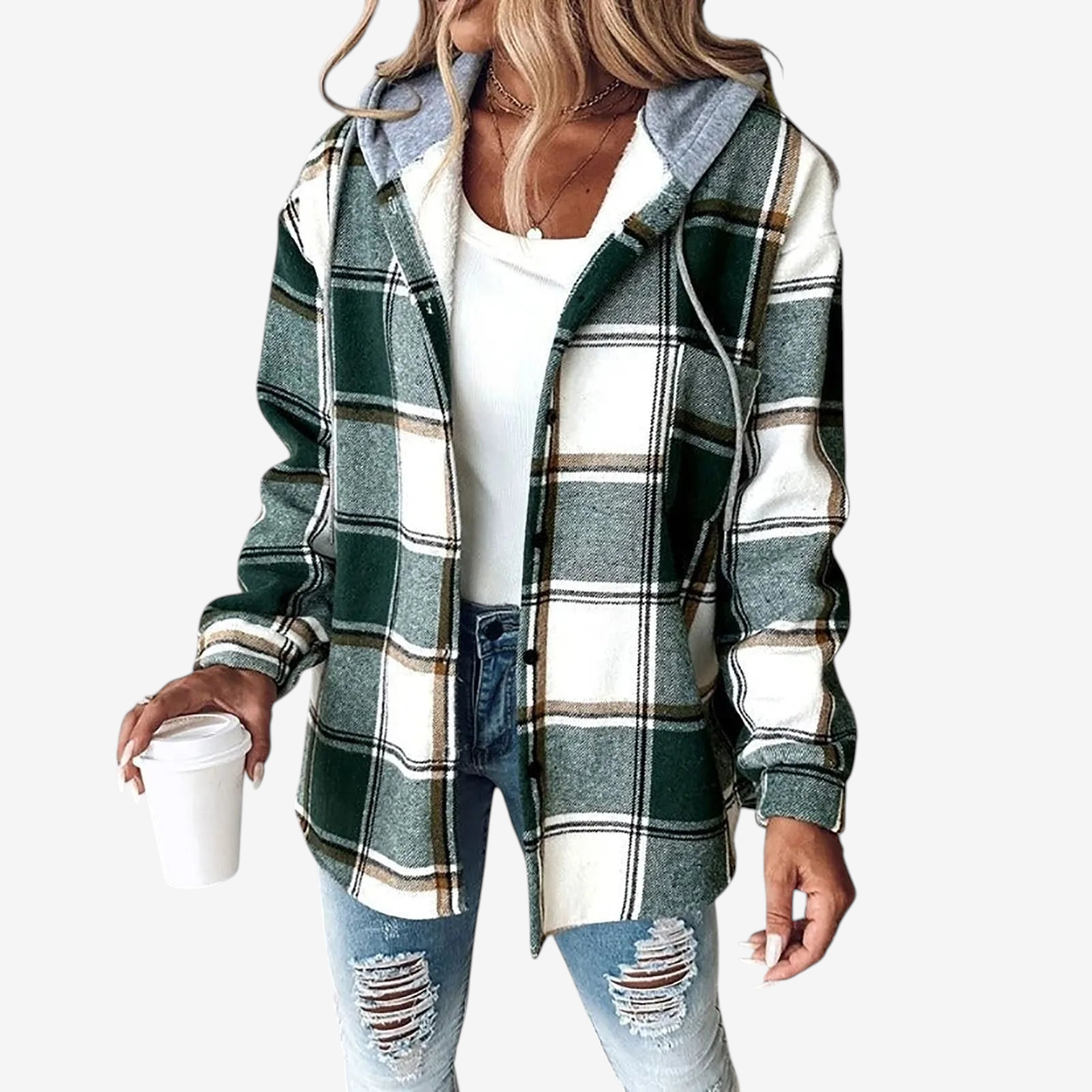 Women's Plaid Hooded Button-Up Jacket