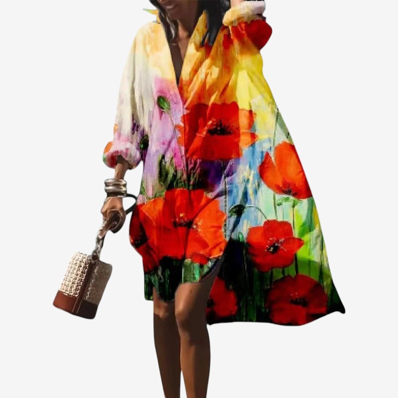 Women's Printed Long Sleeve Midi Dress