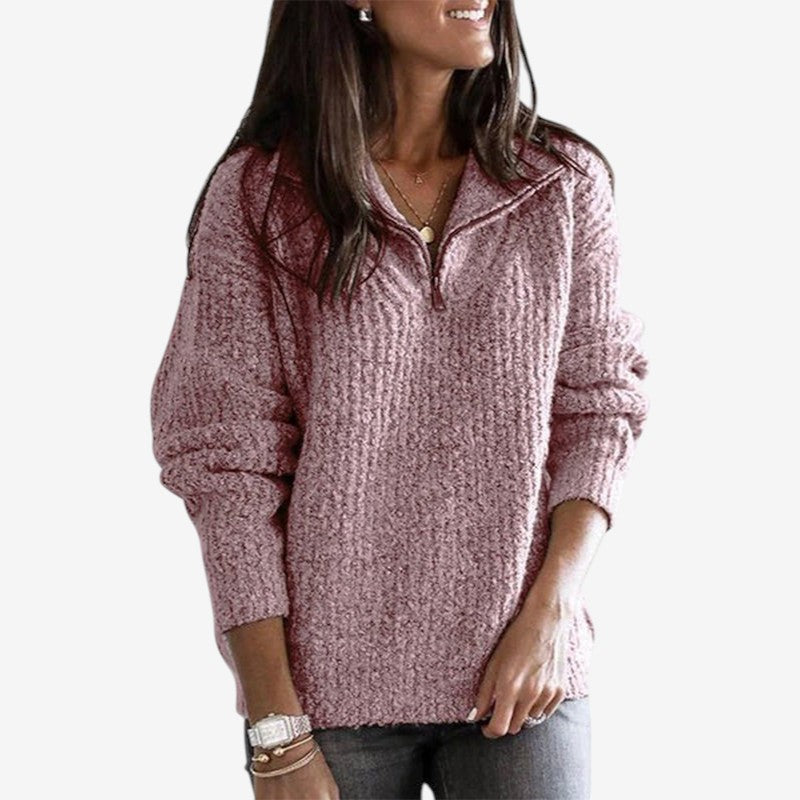 Women’s Ribbed Zip Front Sweater Loose Fit Long Sleeve