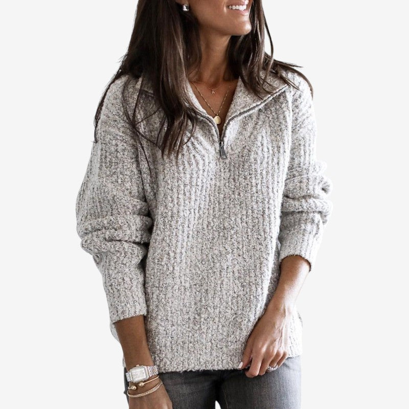 Women’s Ribbed Zip Front Sweater Loose Fit Long Sleeve