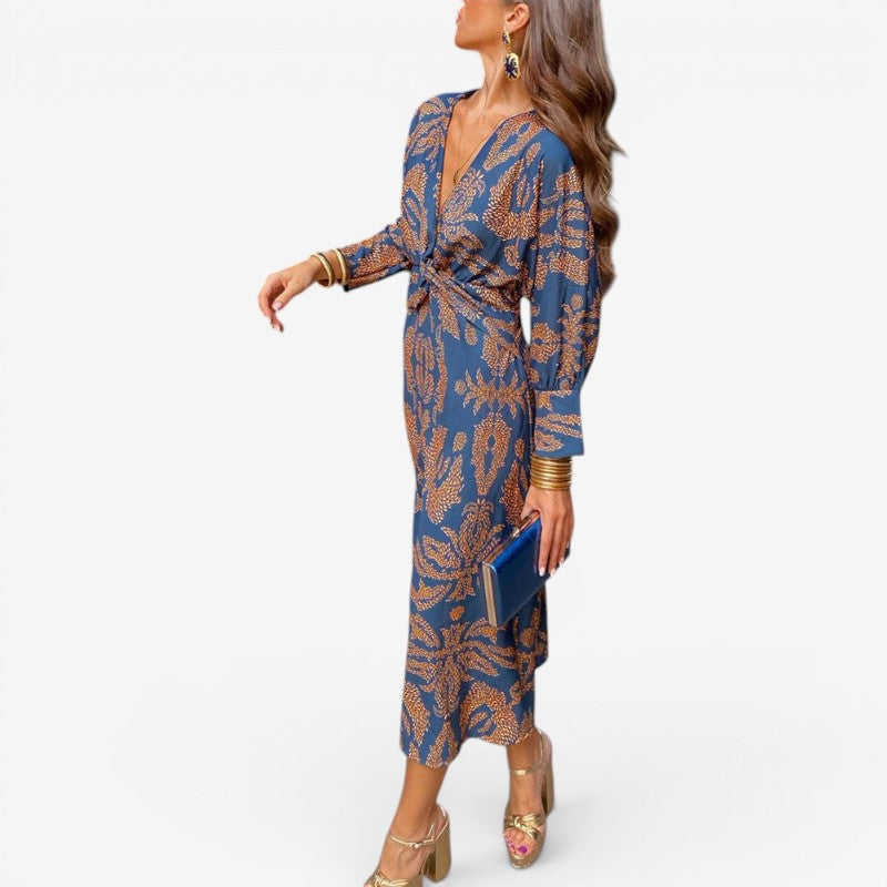 Women’s Floral Print Maxi Dress V-Neck Long Sleeve