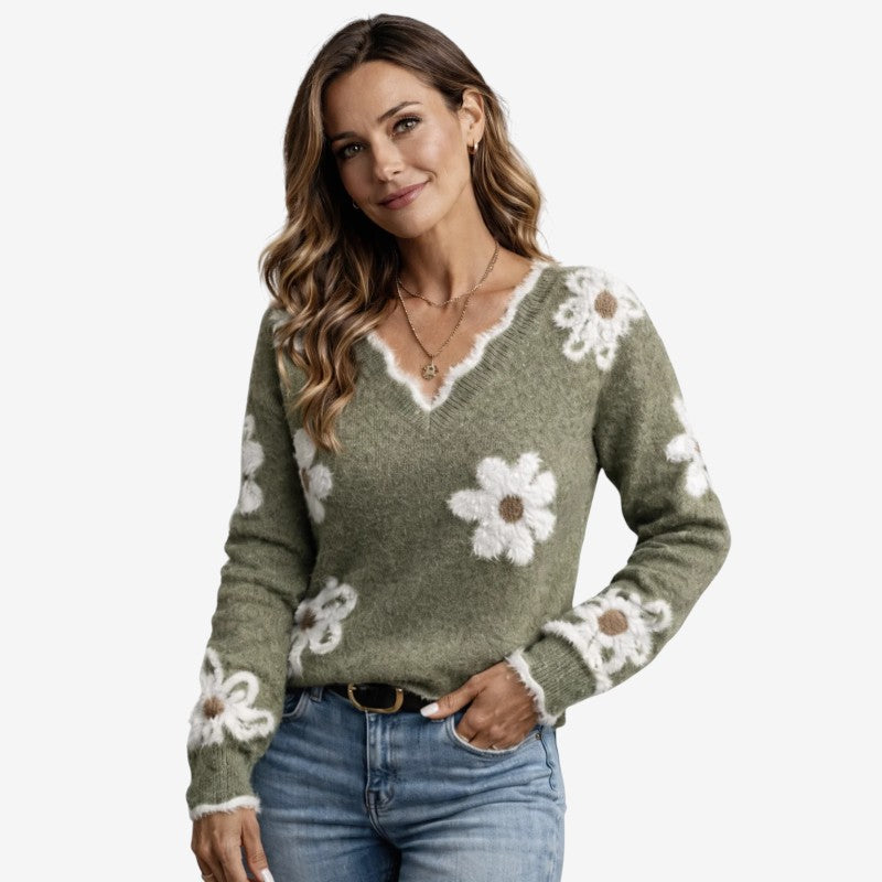 Women's V Neck Floral Embroidered Knit Sweater